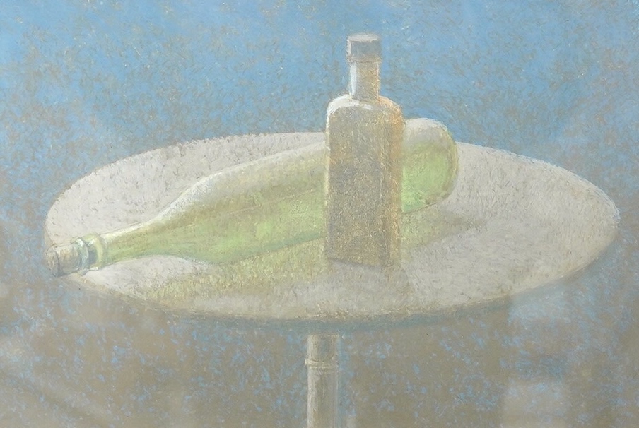 Prof. David Tindle RA (b.1932), gouache and tempera, ‘Still life covered with dust’, initialled lower right, 15 x 24cm. Condition - good